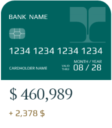 An illustration of a teal credit card showing a balance
